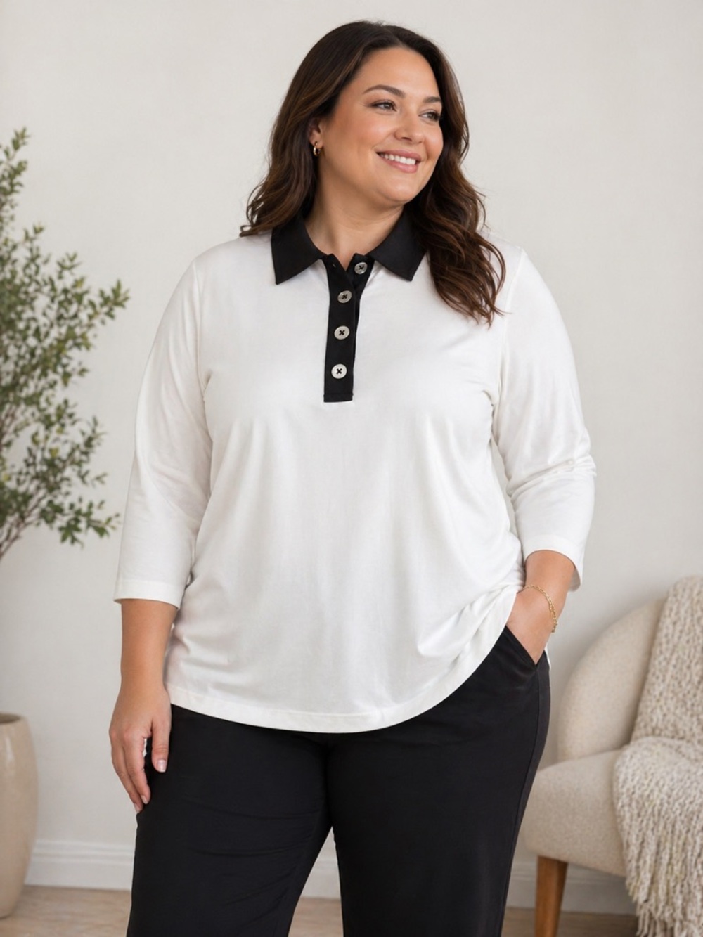 Lauren Ralph Lauren Plus Size 3X White Polo Top Black Collar Cotton Preppy Chic